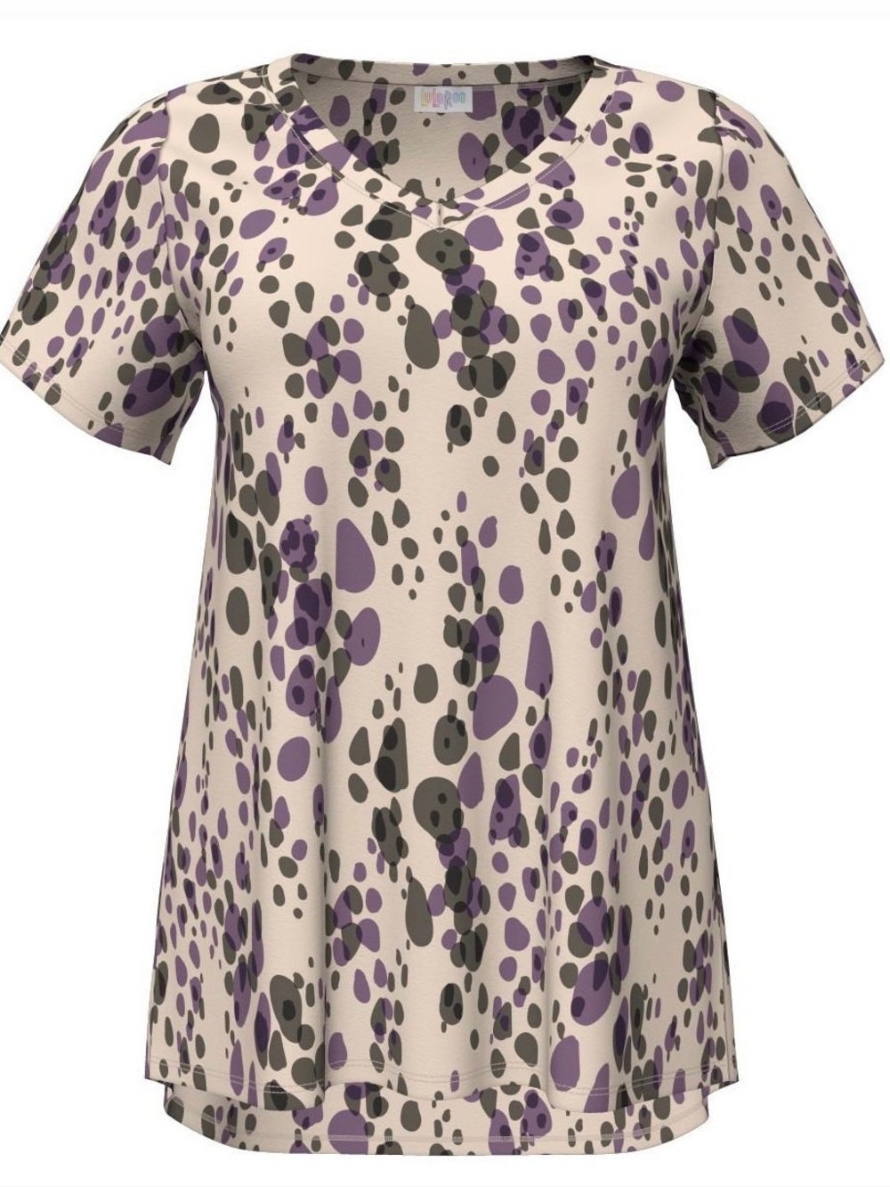 LuLaRoe Christy T Cream Short Sleeve V-Neck Top with Purple and Gray Spot Print